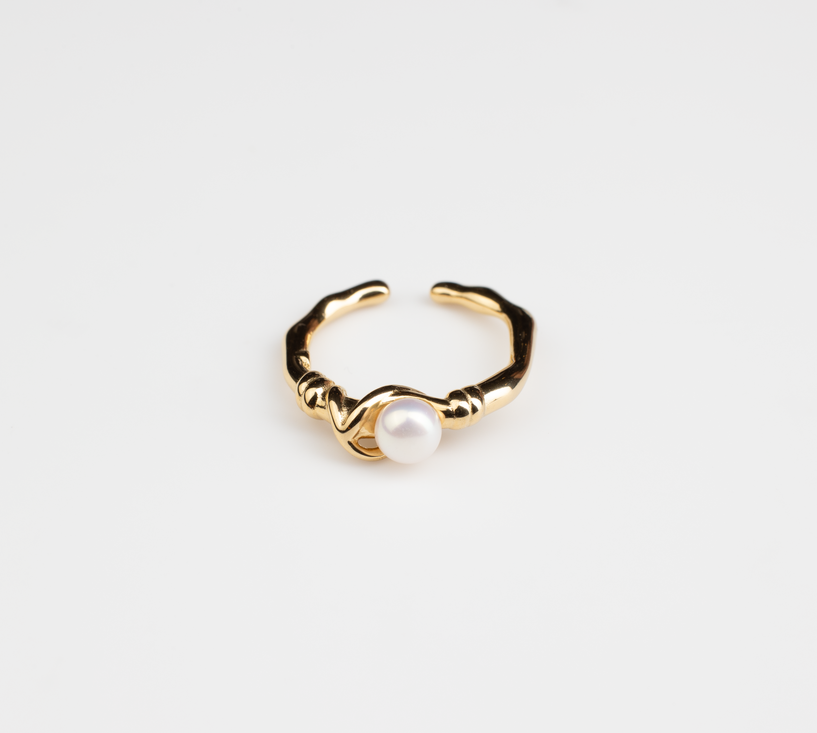 Adjustable Ring with Bamboo-like Design and White Pearls for Women