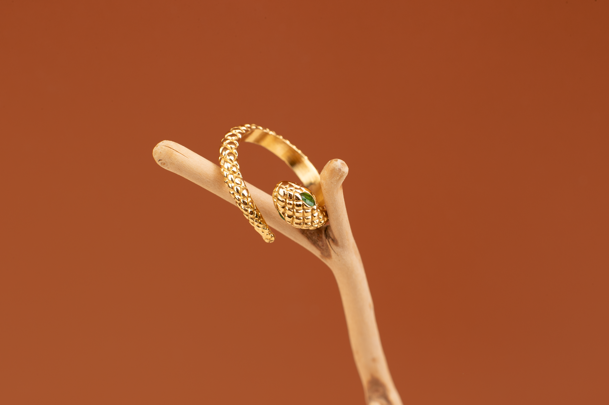 This ring features a snake motif, coiling around the finger with the opening positioned at the head where the snake's head meets its tail. The snake's head is adorned with a vibrant green gemstone, serving as its eyes. Lifelike scales cover the entire surface of the ring, available in both gold and silver options.