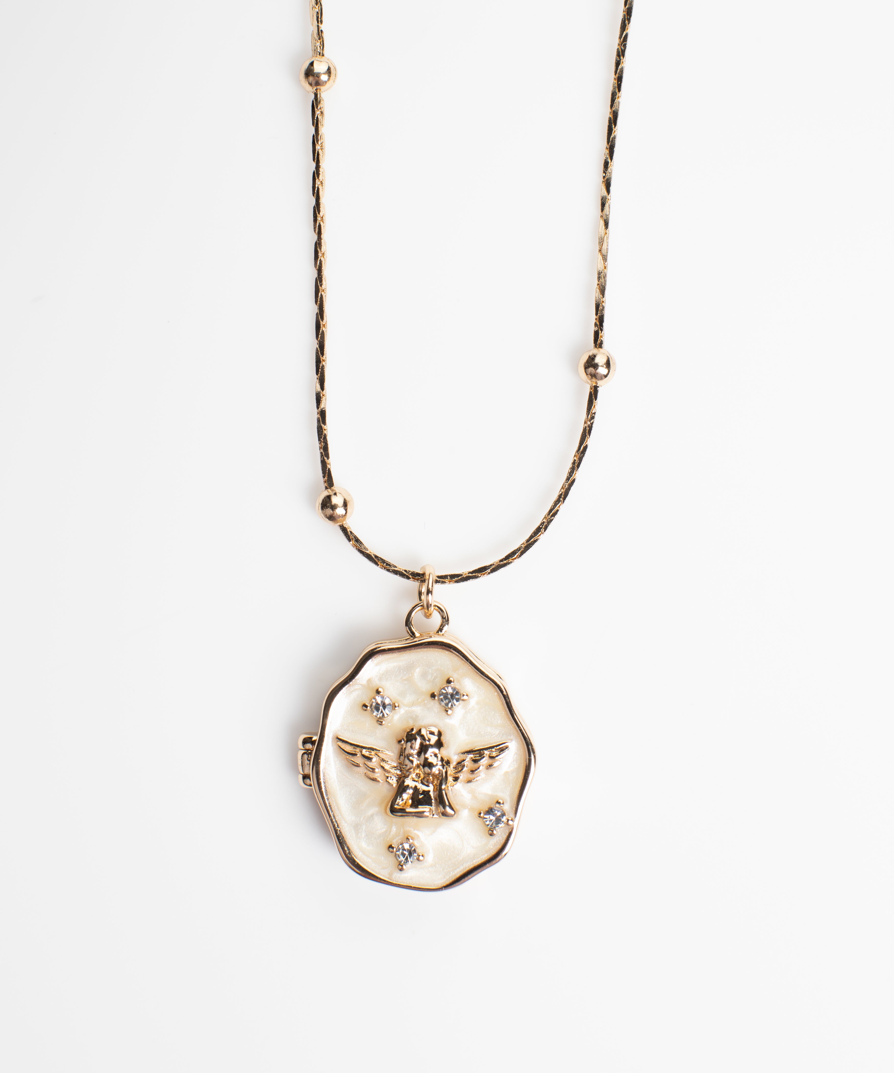 Elegant oval locket necklace with angel design, featuring sparkling gemstone embellishments and crafted with 18K gold-plated copper, perfect for holding a cherished photo.